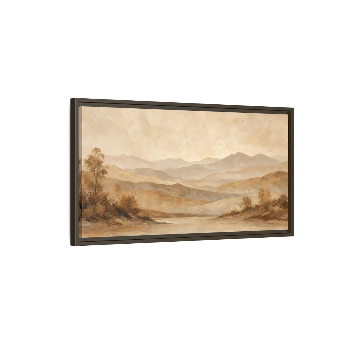 Main Mockup. Nature Mountain Lake Brown And Beige Landscape shown as stretched canvas wall art