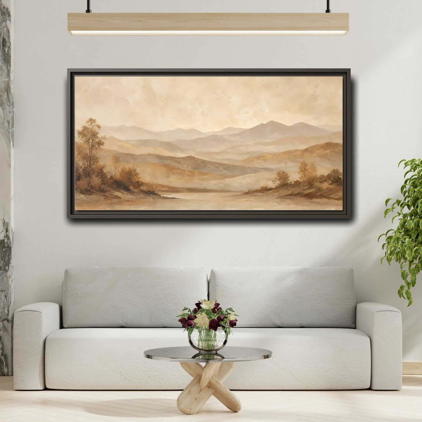 Mockup 2. Nature Mountain Lake Brown And Beige Landscape shown as stretched canvas wall art
