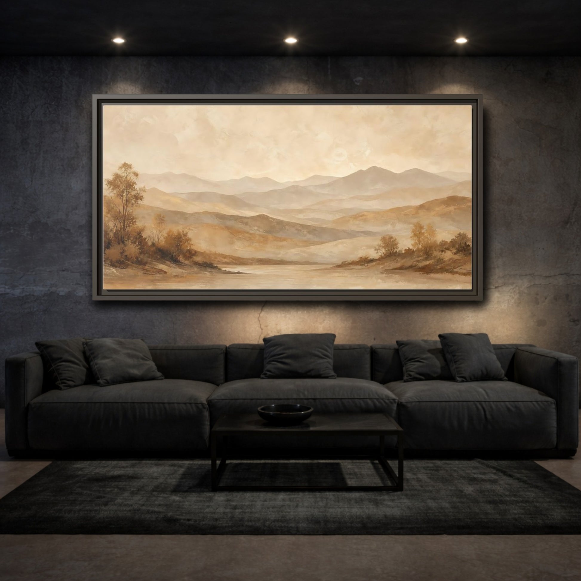 Mockup 3. Nature Mountain Lake Brown And Beige Landscape shown as stretched canvas wall art