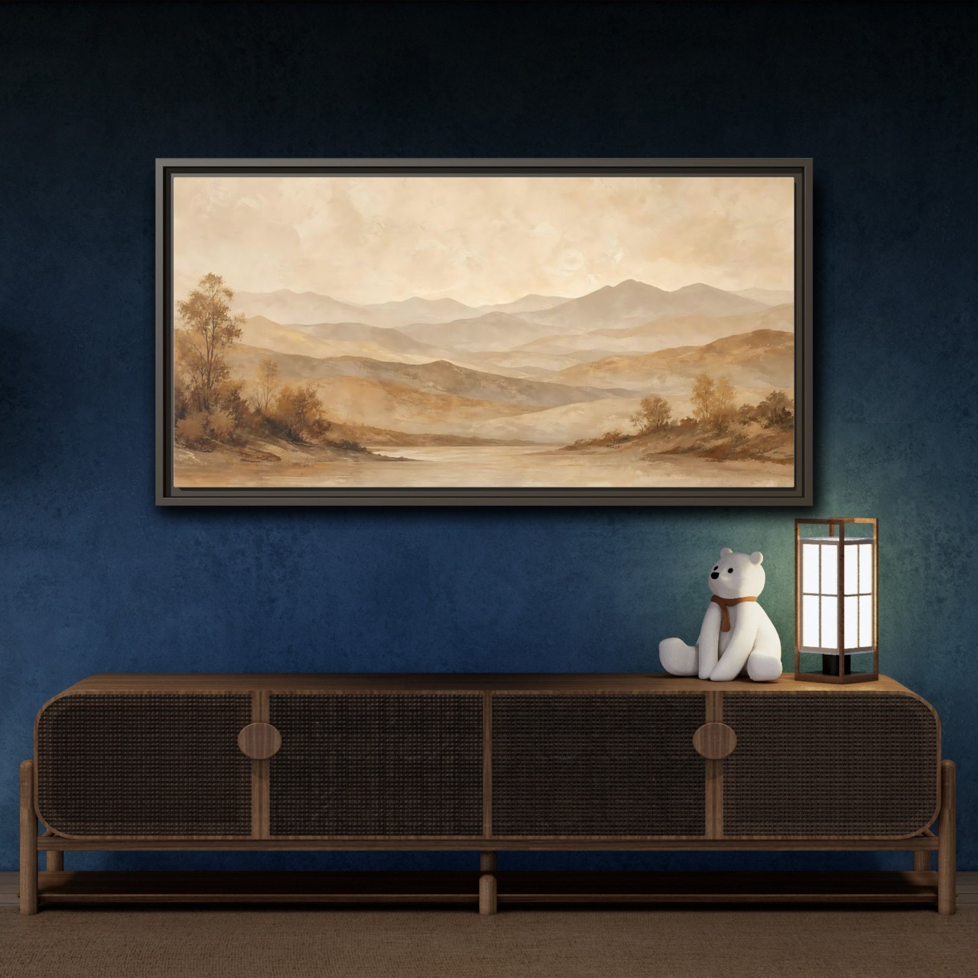 Mockup 4. Nature Mountain Lake Brown And Beige Landscape shown as stretched canvas wall art