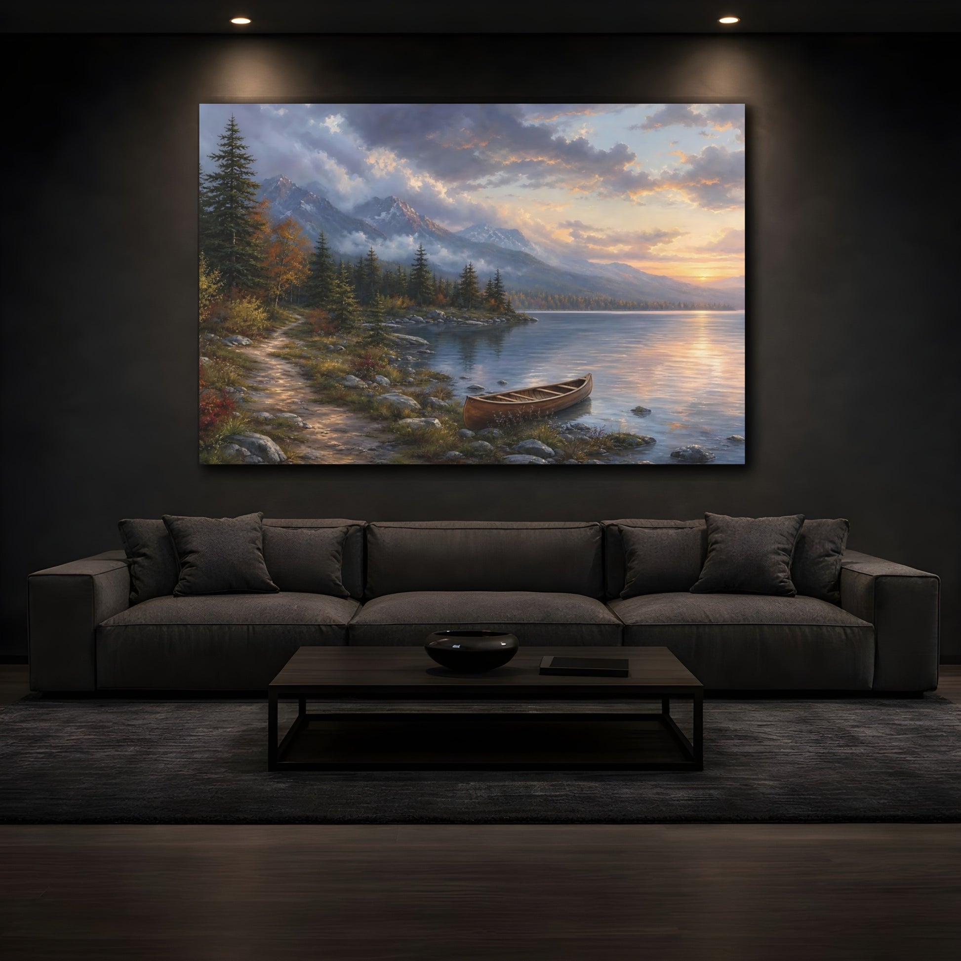 Mockup 3. Nature Mountain Lake Colorful Mountain Lake shown as stretched canvas wall art