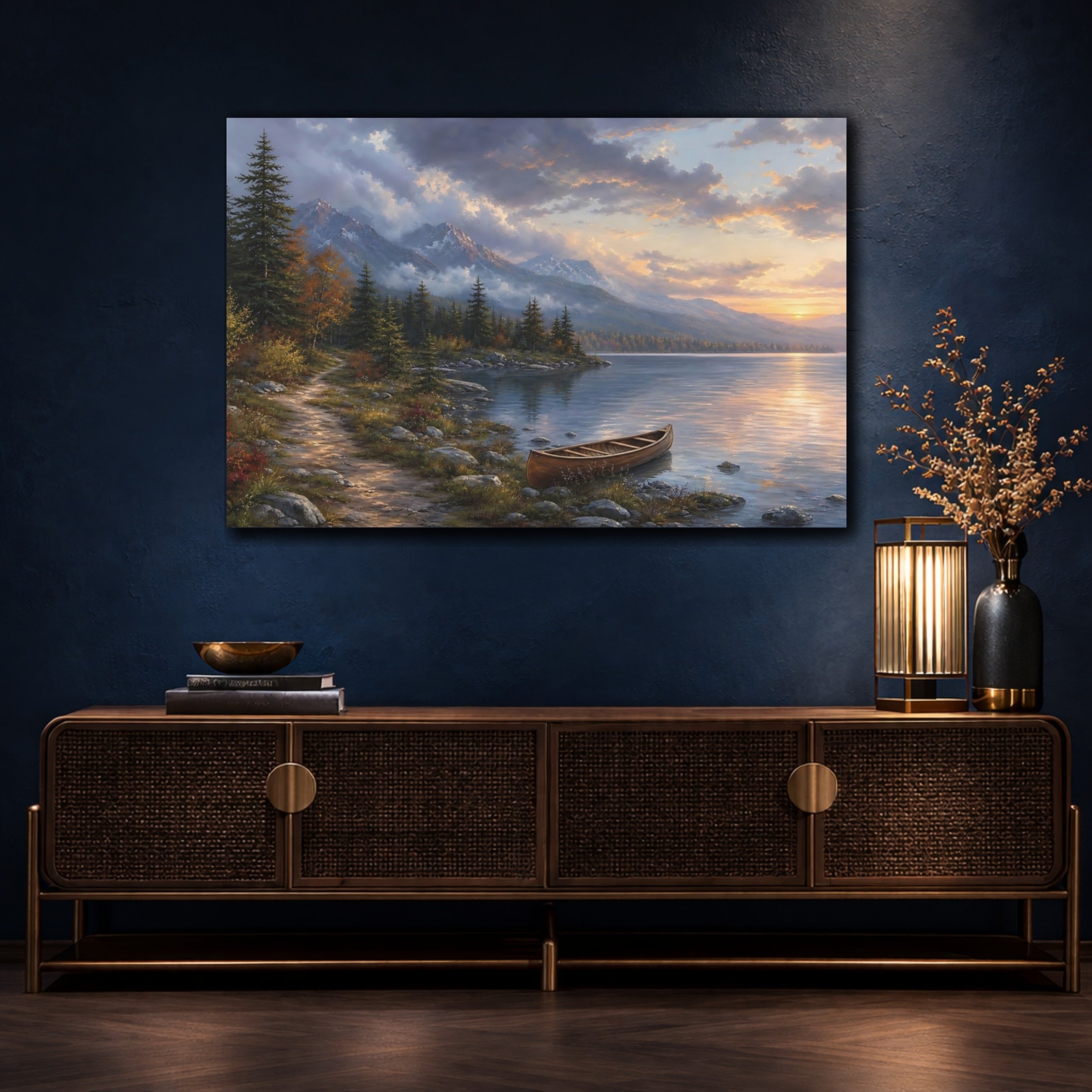 Mockup 4. Nature Mountain Lake Colorful Mountain Lake shown as stretched canvas wall art