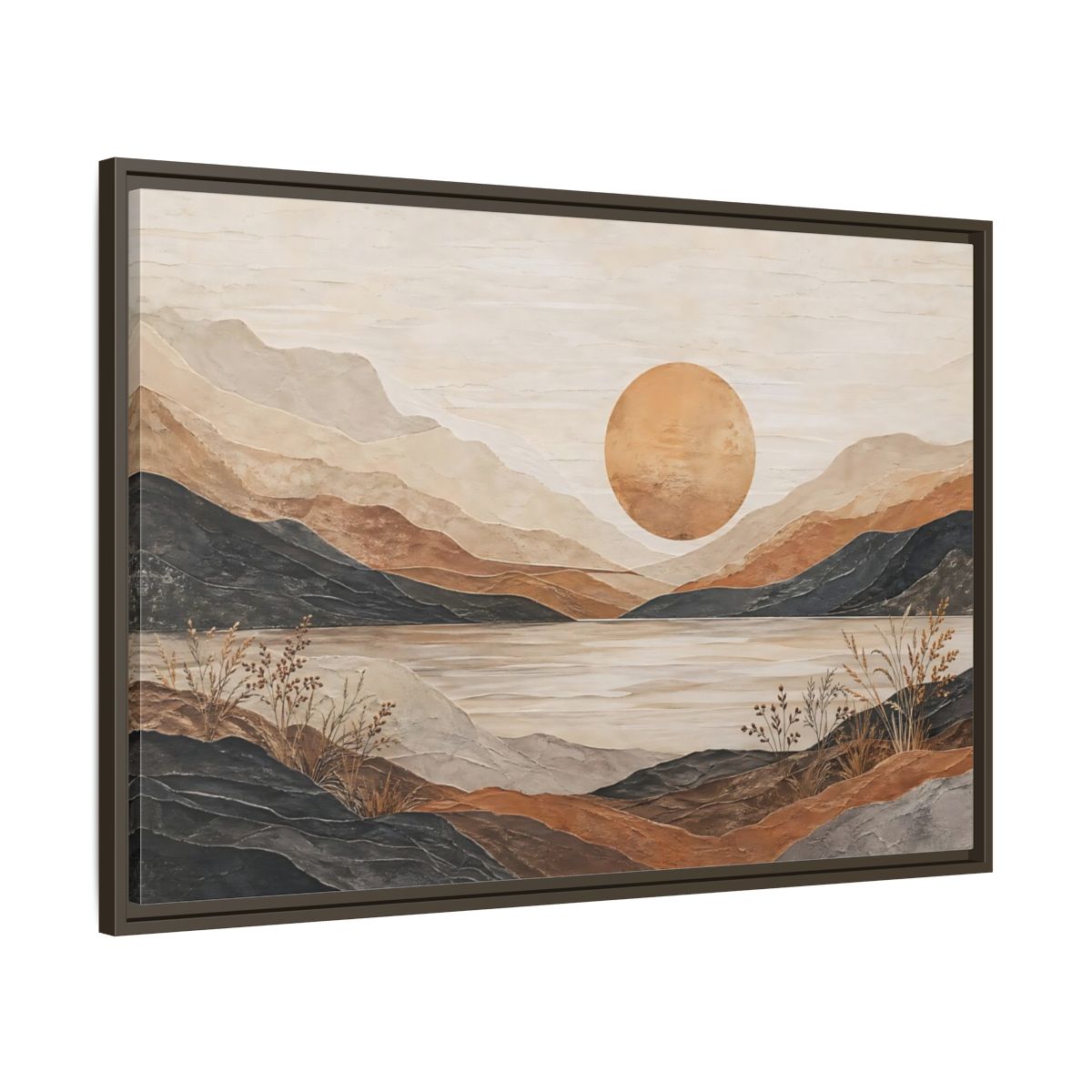 Main Mockup. Nature Mountain Lake Earthy Tones Landscape shown as stretched canvas wall art