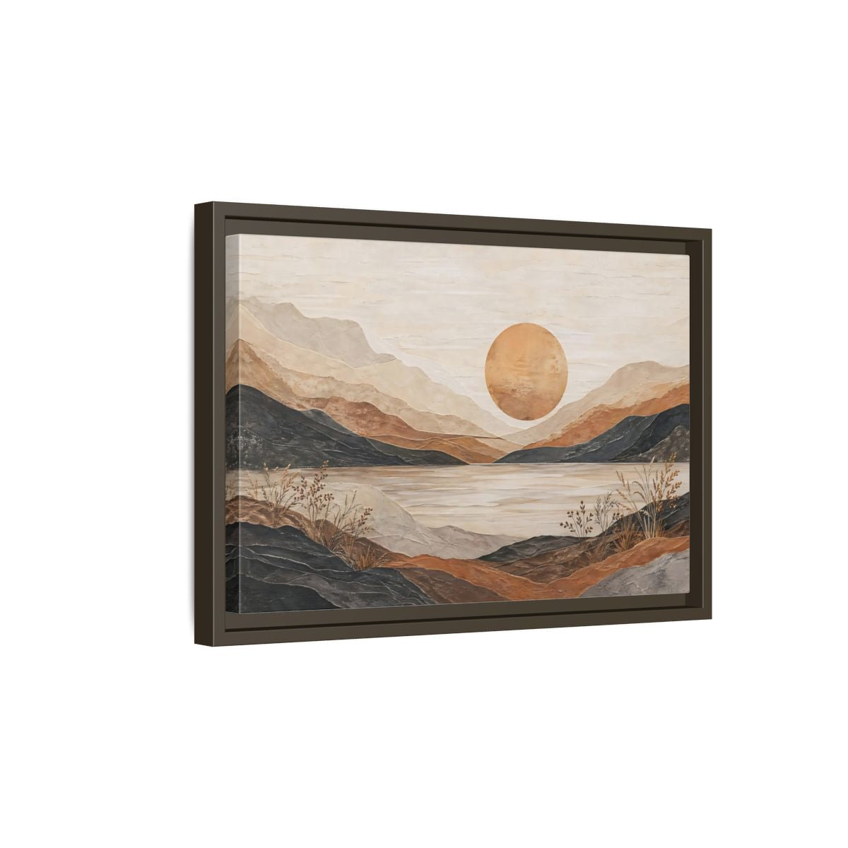 Side Mockup 5. Nature Mountain Lake Earthy Tones Landscape shown as stretched canvas wall art