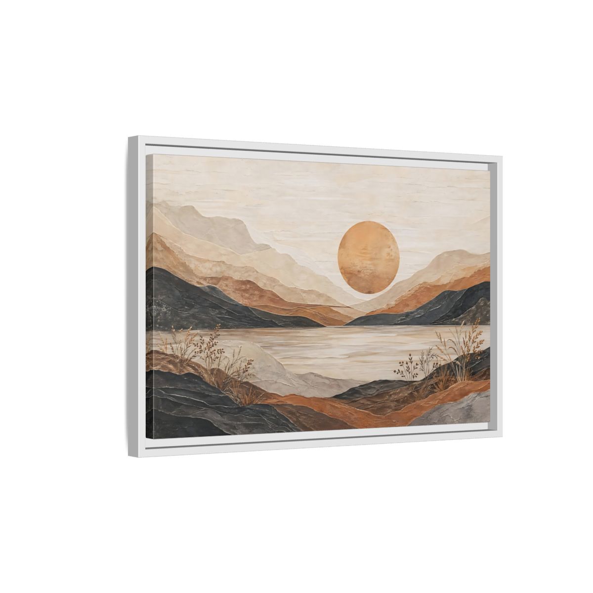 Side Mockup 1. Nature Mountain Lake Earthy Tones Landscape shown as stretched canvas wall art