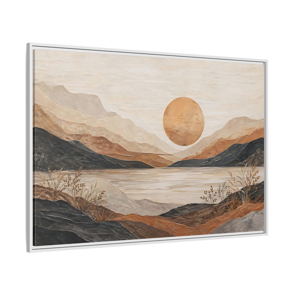 Side Mockup 7. Nature Mountain Lake Earthy Tones Landscape shown as stretched canvas wall art