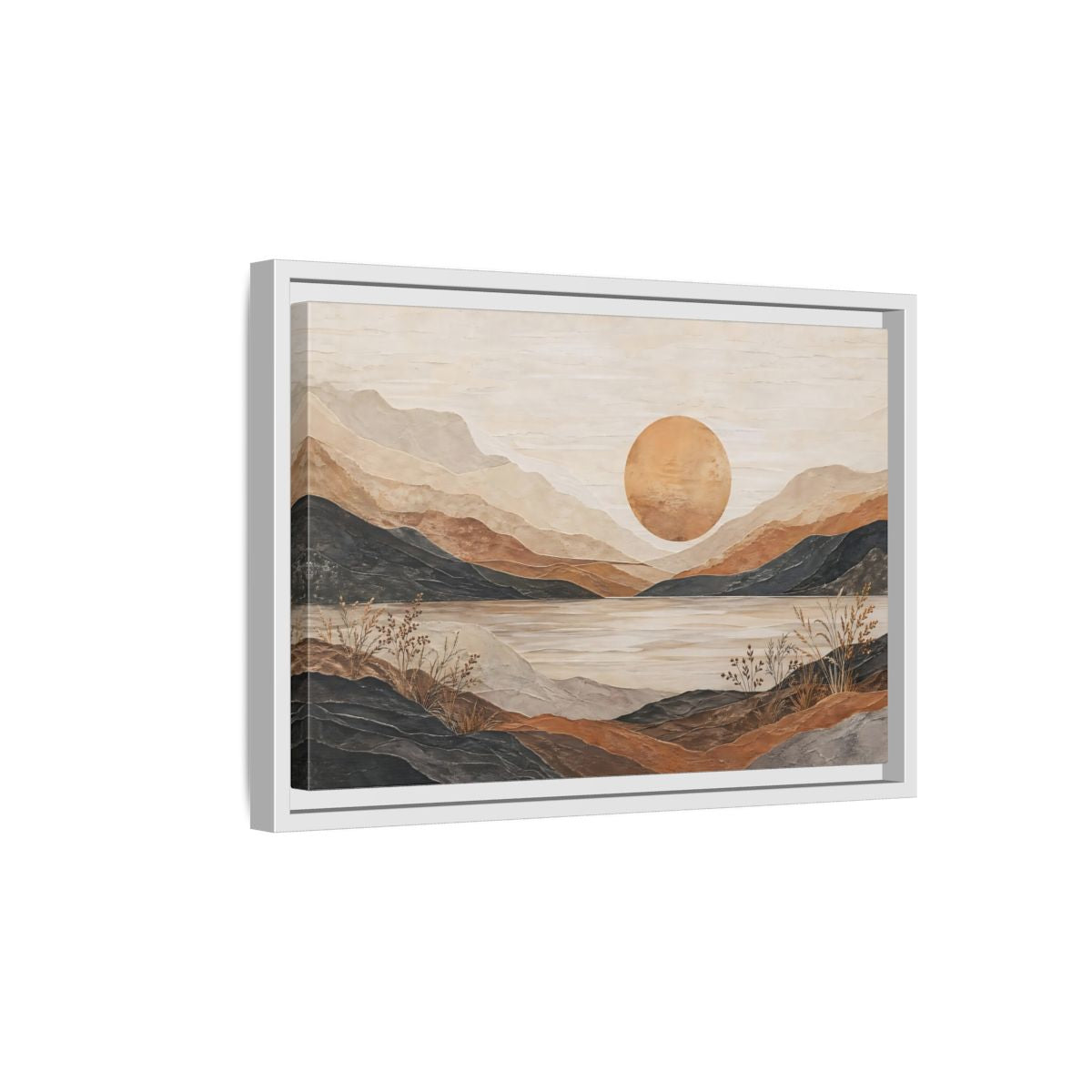 Side Mockup 4. Nature Mountain Lake Earthy Tones Landscape shown as stretched canvas wall art