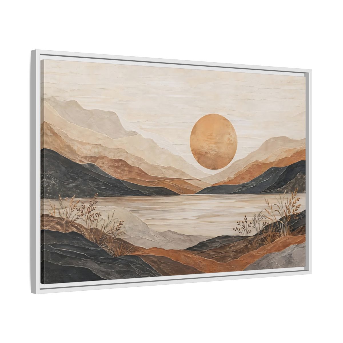 Side Mockup 9. Nature Mountain Lake Earthy Tones Landscape shown as stretched canvas wall art