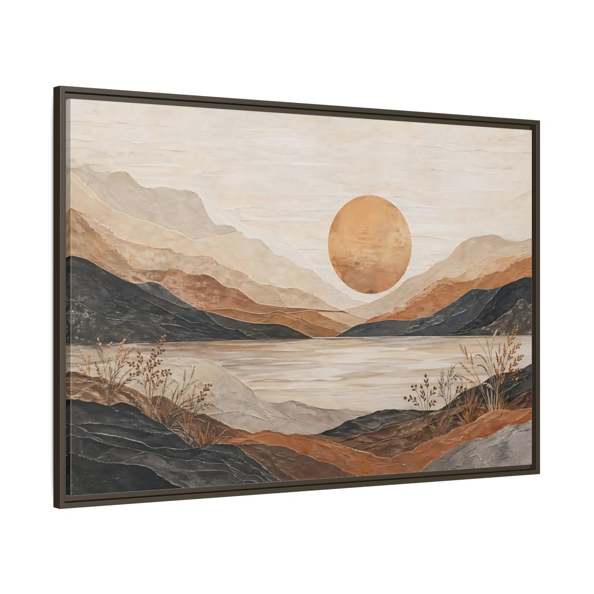 Side Mockup 8. Nature Mountain Lake Earthy Tones Landscape shown as stretched canvas wall art
