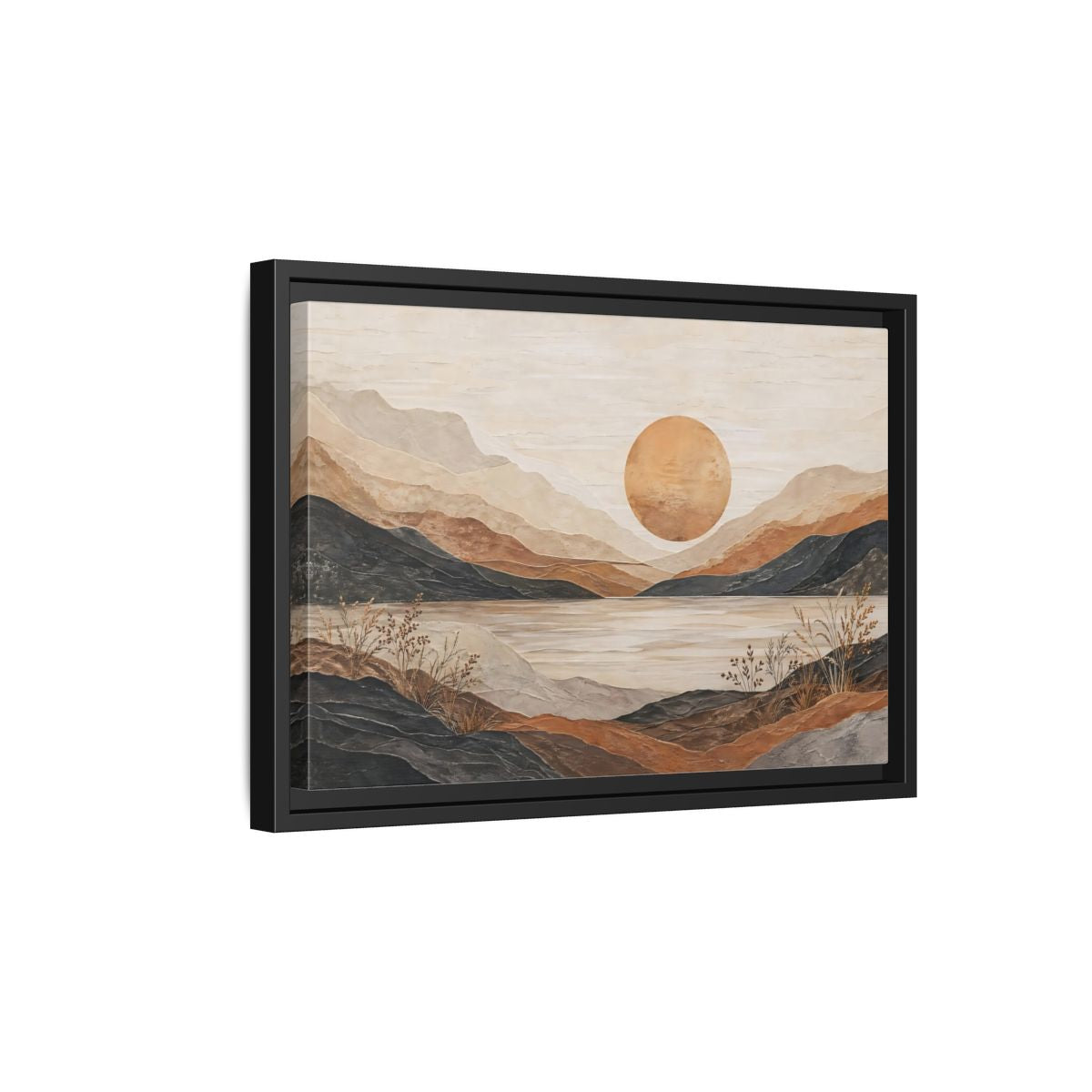 Side Mockup 6. Nature Mountain Lake Earthy Tones Landscape shown as stretched canvas wall art