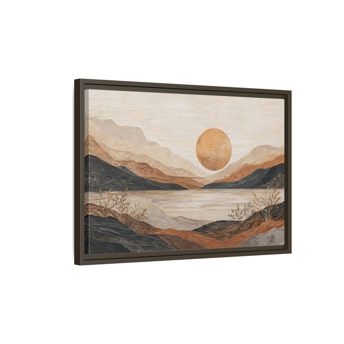 Side Mockup 2. Nature Mountain Lake Earthy Tones Landscape shown as stretched canvas wall art