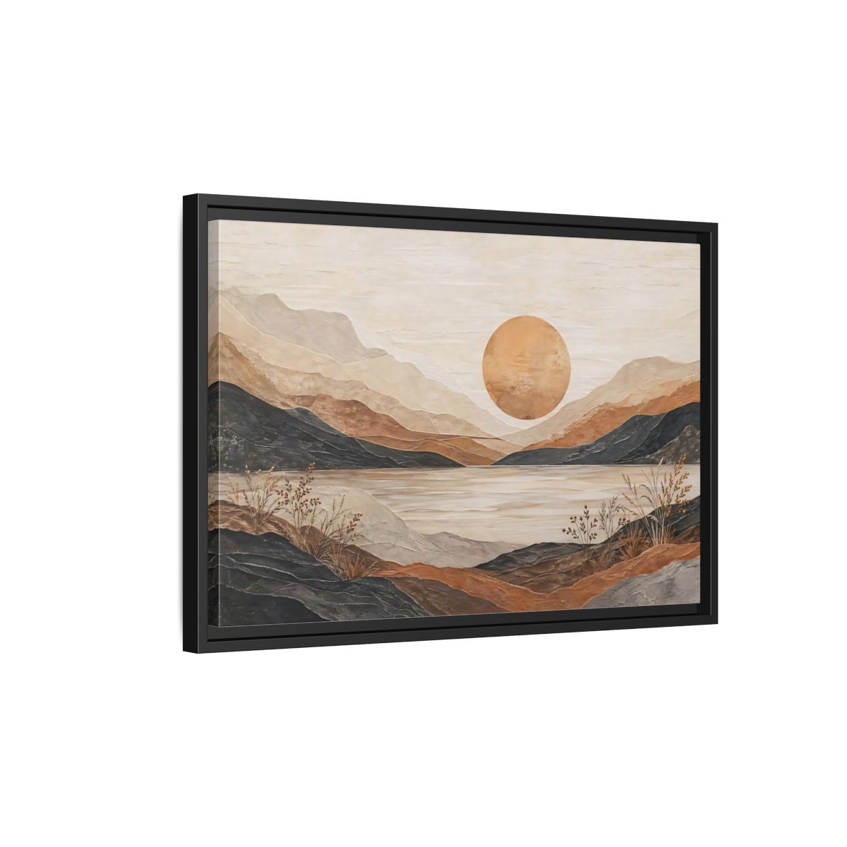 Side Mockup 3. Nature Mountain Lake Earthy Tones Landscape shown as stretched canvas wall art