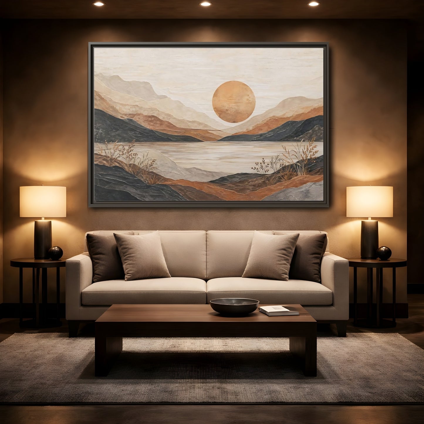 Mockup 2. Nature Mountain Lake Earthy Tones Landscape shown as stretched canvas wall art