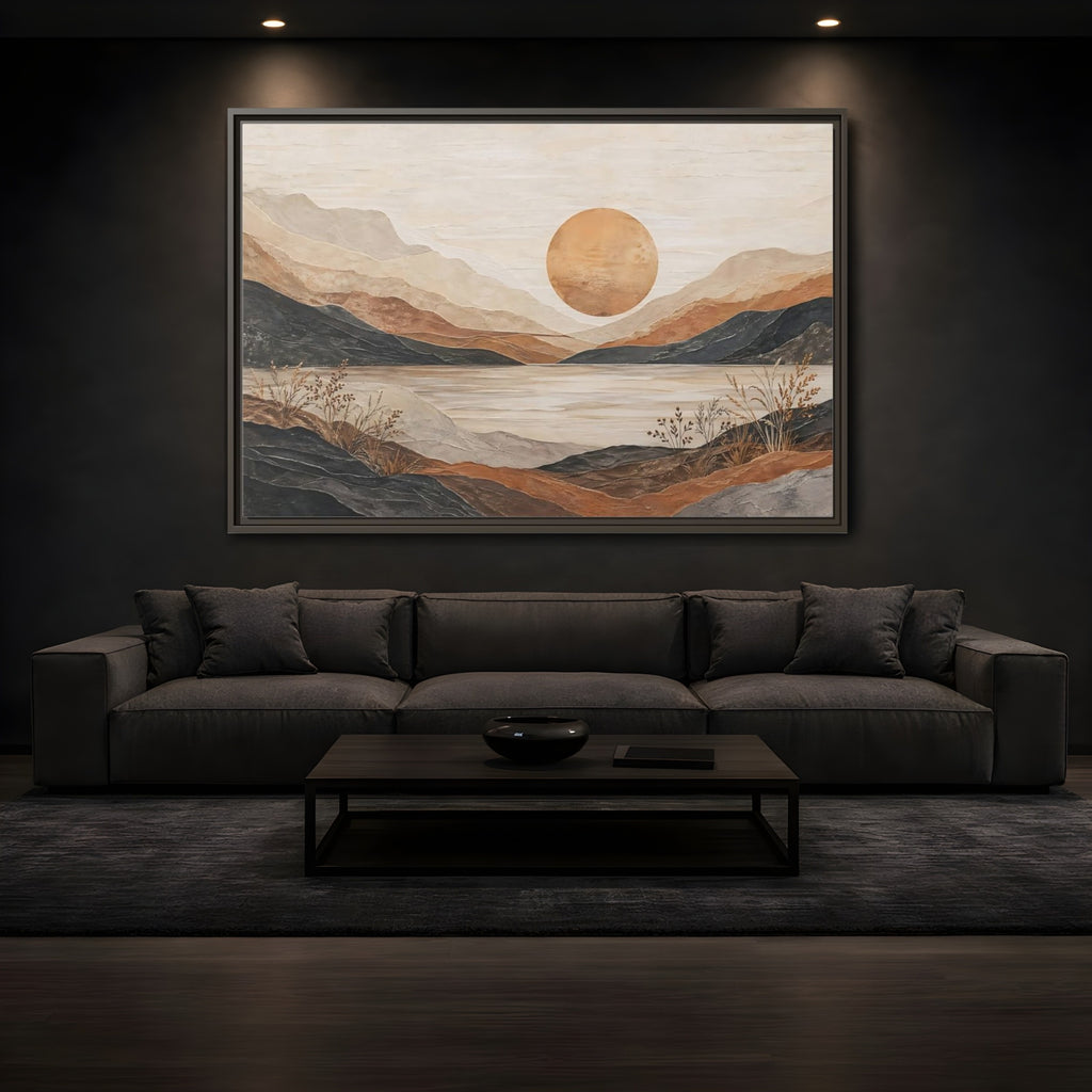 Mockup 3. Nature Mountain Lake Earthy Tones Landscape shown as stretched canvas wall art