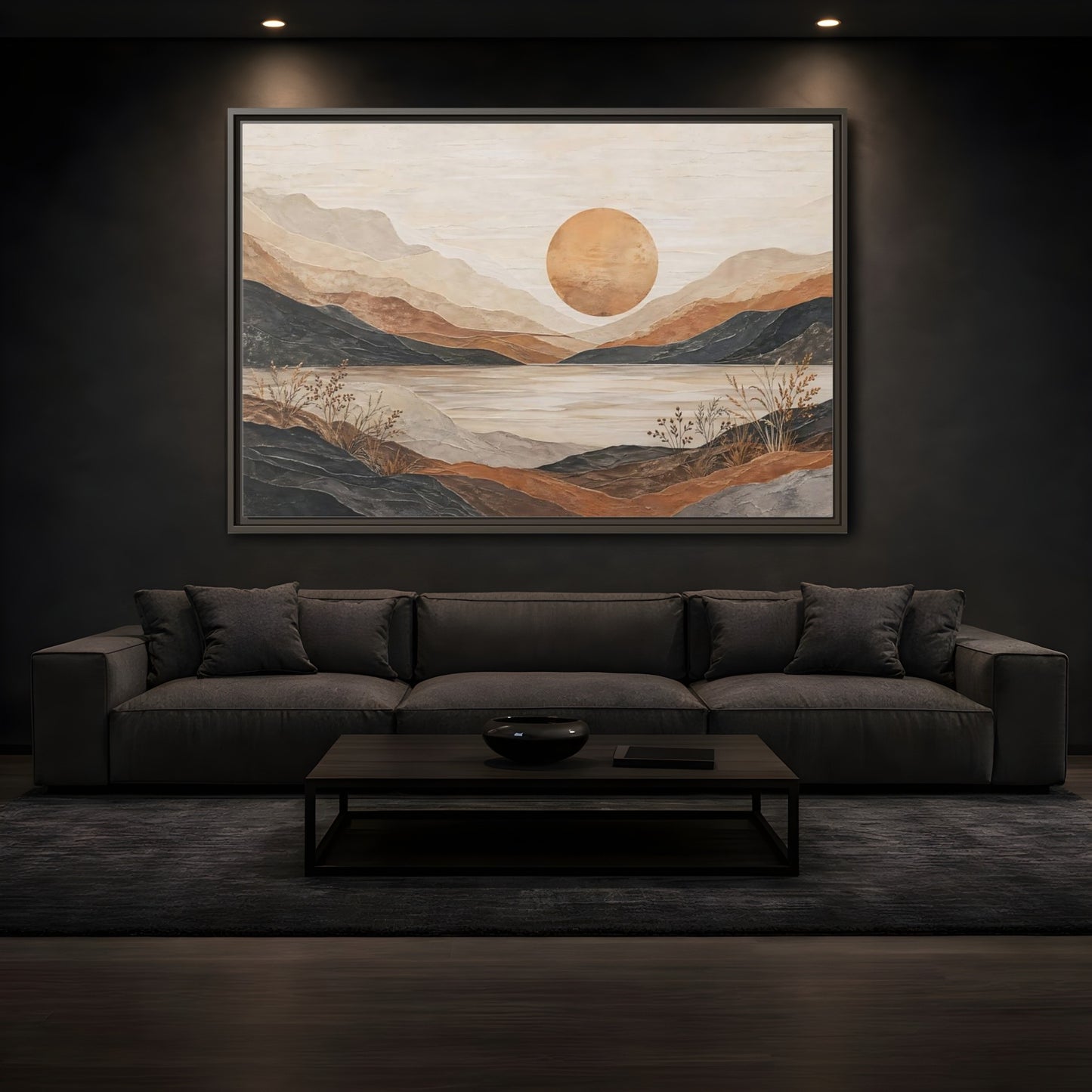 Mockup 3. Nature Mountain Lake Earthy Tones Landscape shown as stretched canvas wall art