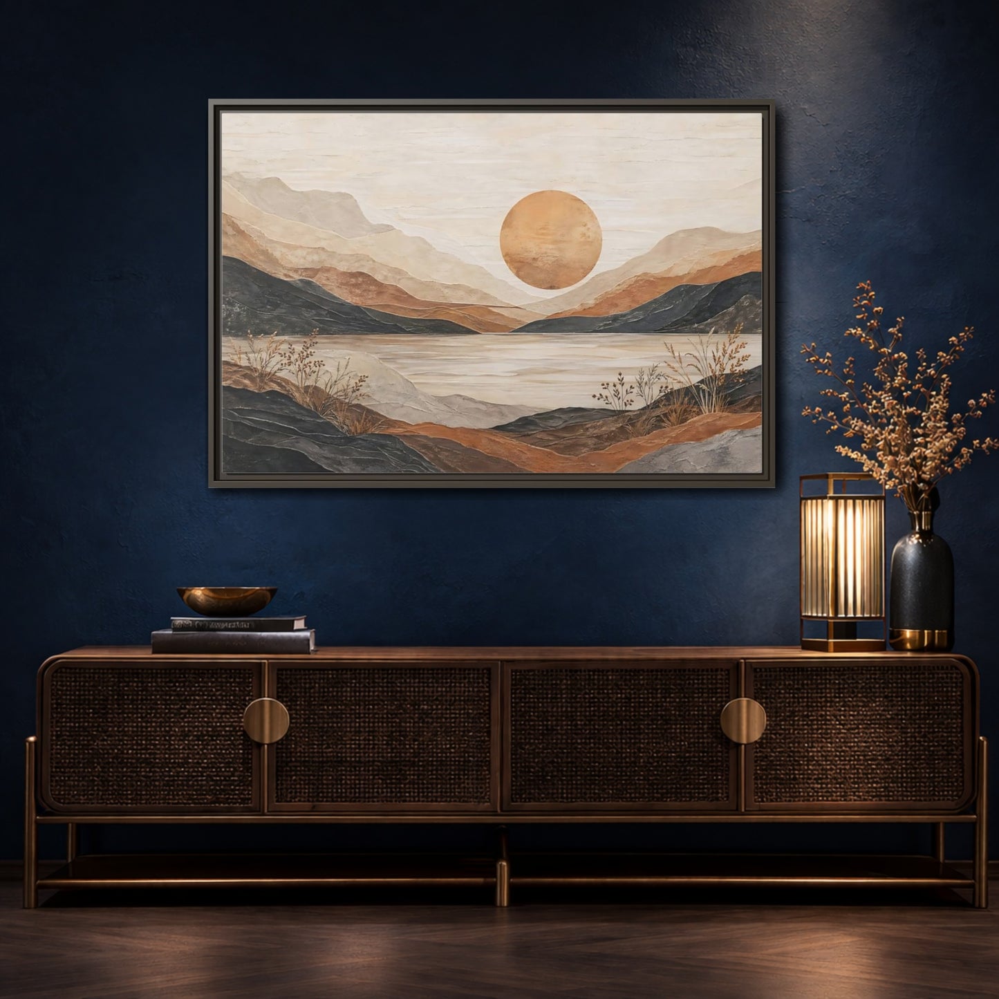 Mockup 4. Nature Mountain Lake Earthy Tones Landscape shown as stretched canvas wall art