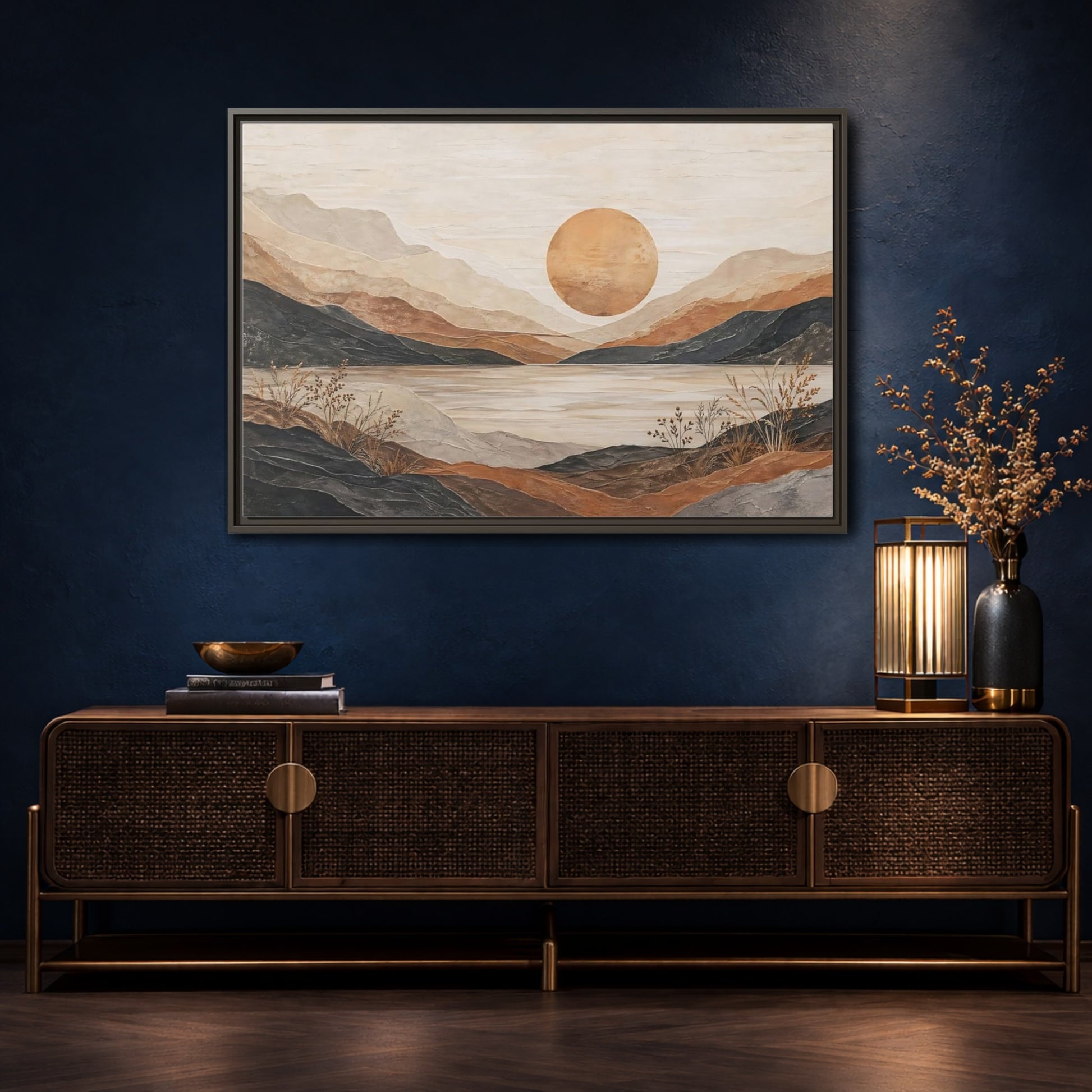 Mockup 4. Nature Mountain Lake Earthy Tones Landscape shown as stretched canvas wall art