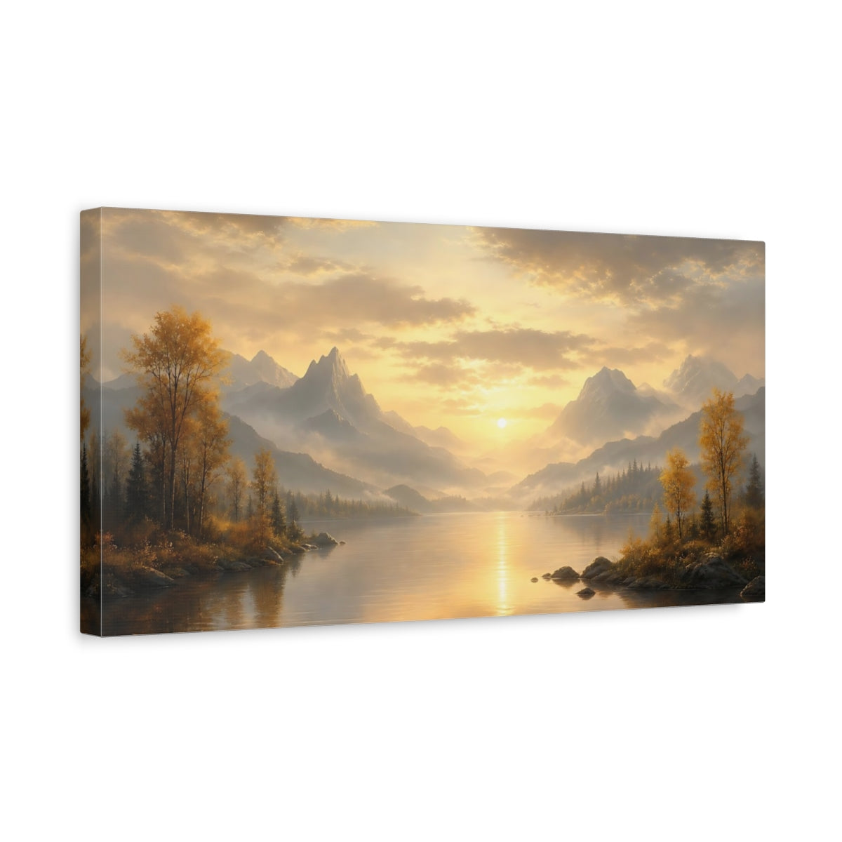 Side Mockup 3. Nature Mountain Lake Golden Mountain Lake shown as stretched canvas wall art