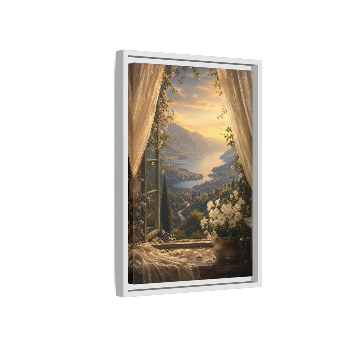 Side Mockup 4. Nature Mountain Lake Golden Lake Mountain shown as stretched canvas wall art