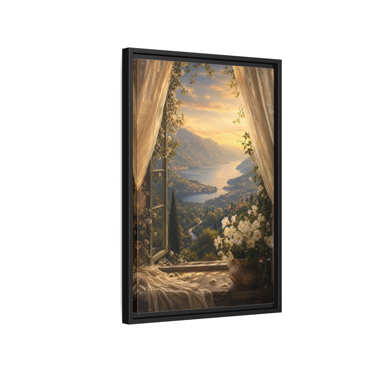 Side Mockup 3. Nature Mountain Lake Golden Lake Mountain shown as stretched canvas wall art