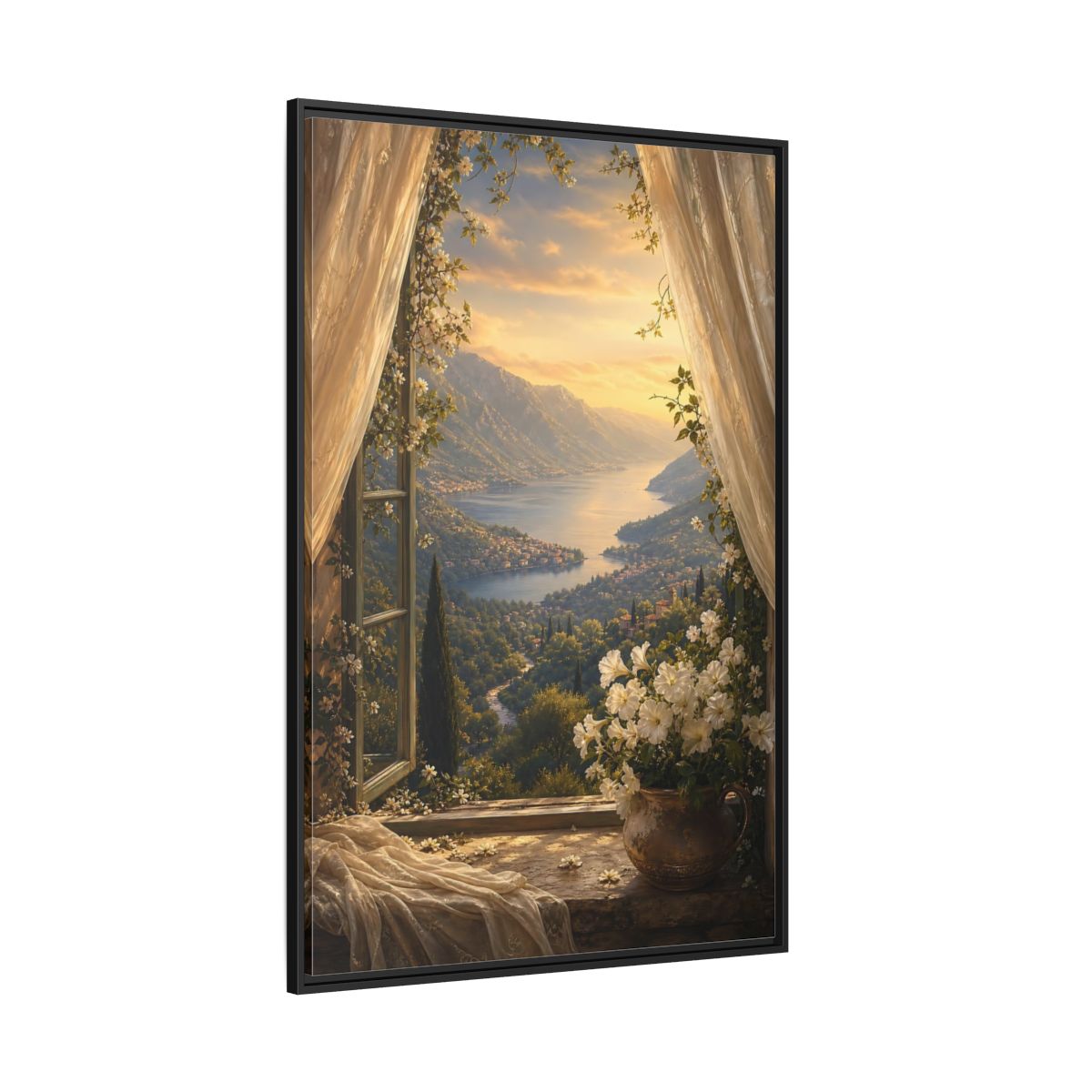 Side Mockup 12. Nature Mountain Lake Golden Lake Mountain shown as stretched canvas wall art