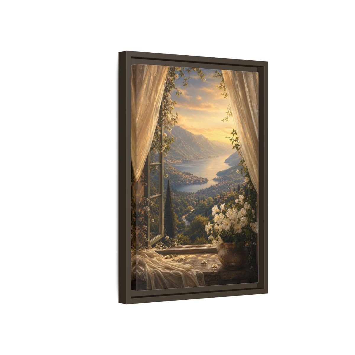 Side Mockup 5. Nature Mountain Lake Golden Lake Mountain shown as stretched canvas wall art