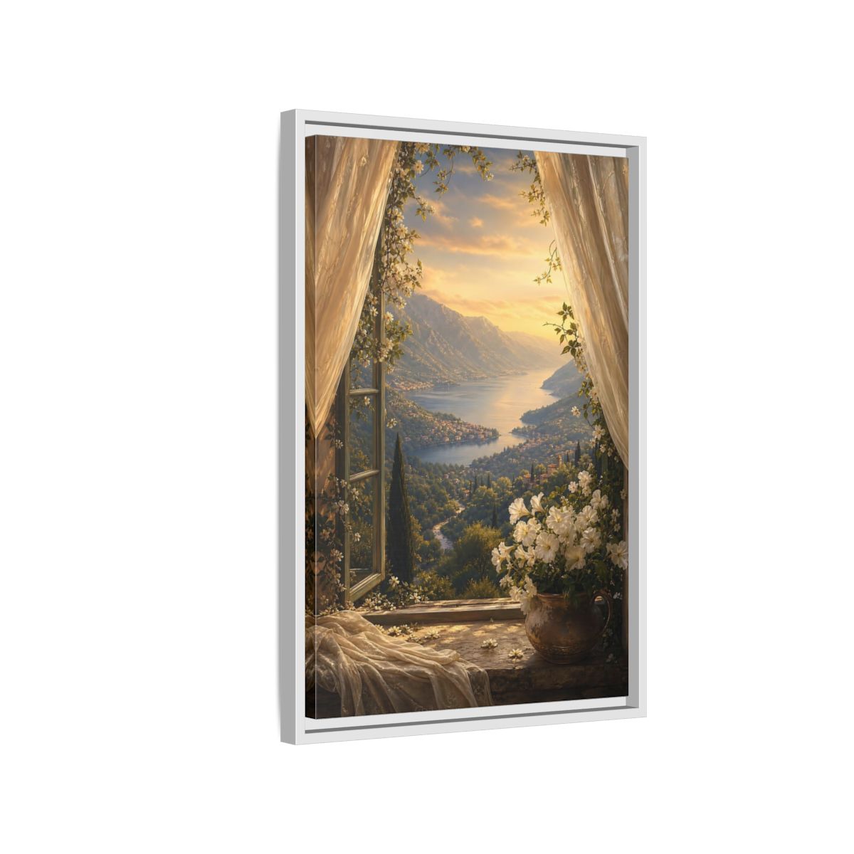 Side Mockup 1. Nature Mountain Lake Golden Lake Mountain shown as stretched canvas wall art