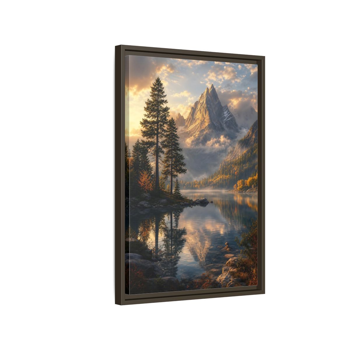 Side Mockup 2. Nature Mountain Lake Golden Mountain Lake shown as stretched canvas wall art