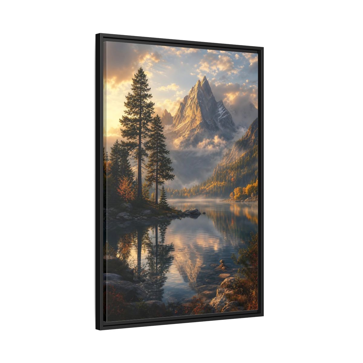 Side Mockup 13. Nature Mountain Lake Golden Mountain Lake shown as stretched canvas wall art