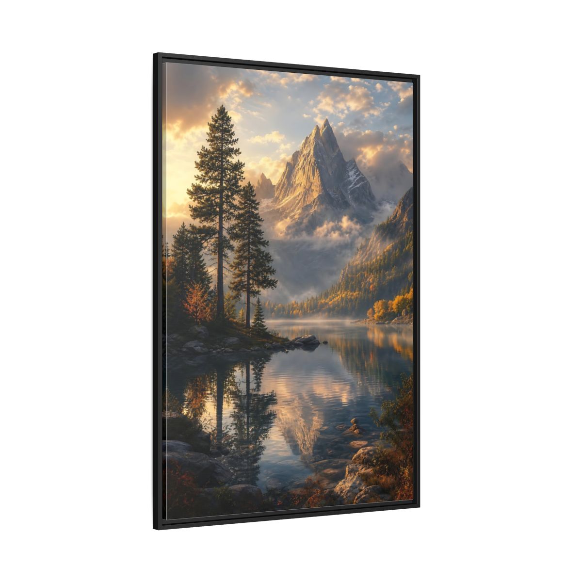 Side Mockup 12. Nature Mountain Lake Golden Mountain Lake shown as stretched canvas wall art