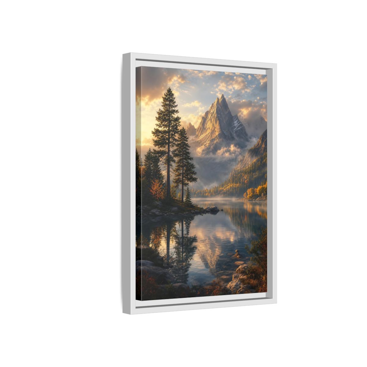 Side Mockup 4. Nature Mountain Lake Golden Mountain Lake shown as stretched canvas wall art
