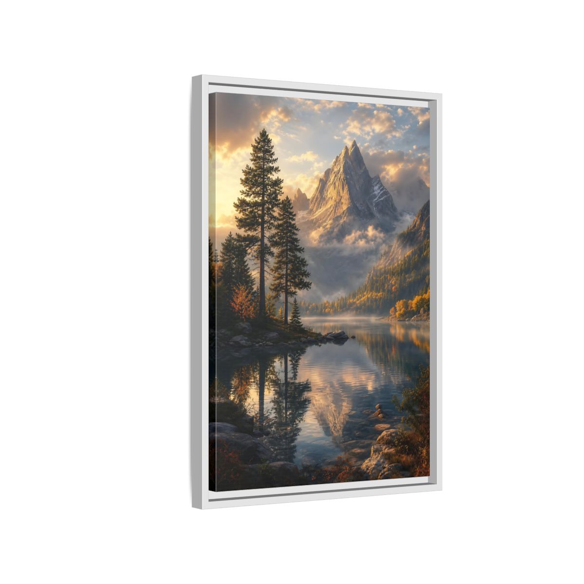 Side Mockup 1. Nature Mountain Lake Golden Mountain Lake shown as stretched canvas wall art