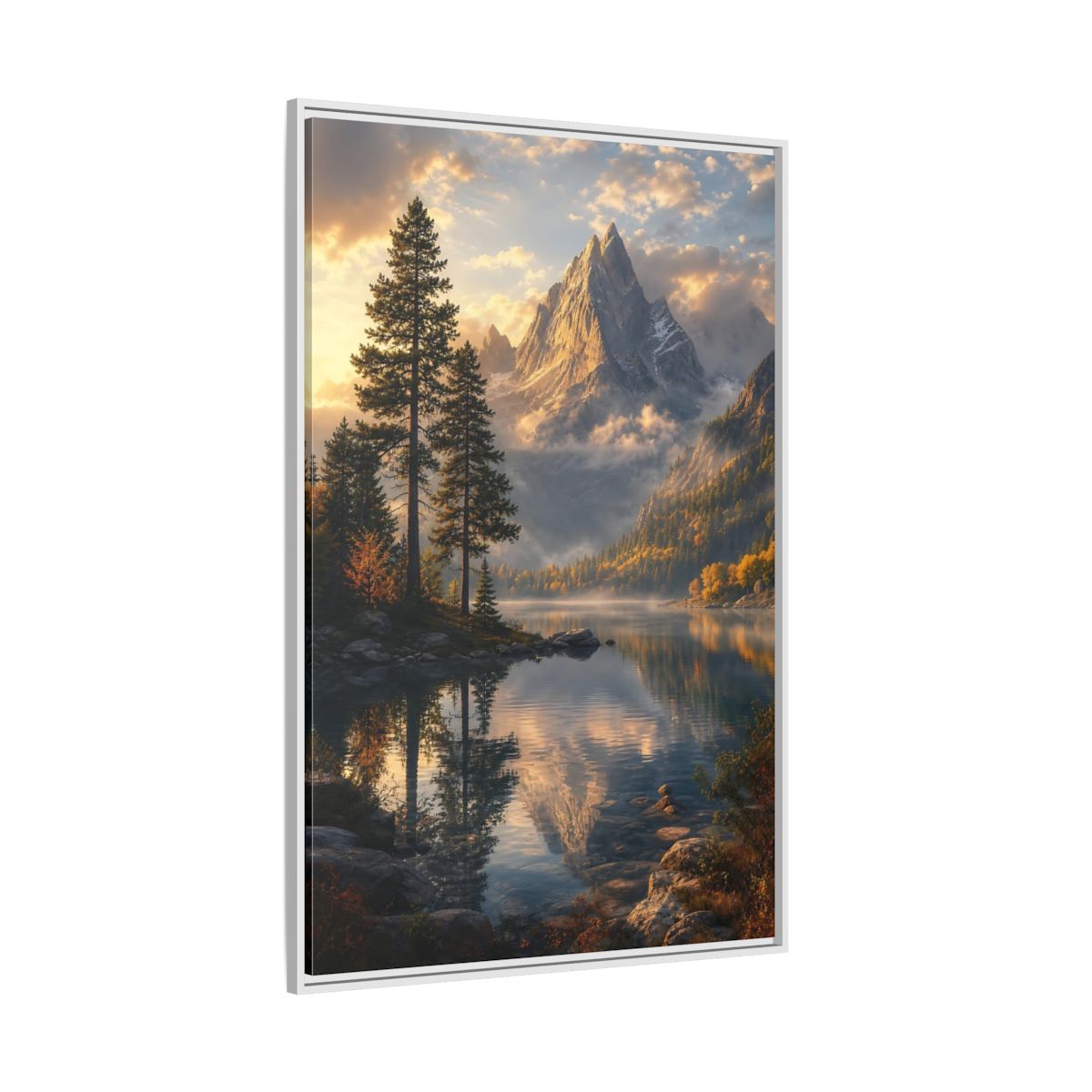 Side Mockup 7. Nature Mountain Lake Golden Mountain Lake shown as stretched canvas wall art
