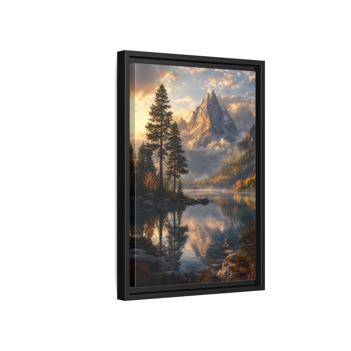 Side Mockup 6. Nature Mountain Lake Golden Mountain Lake shown as stretched canvas wall art