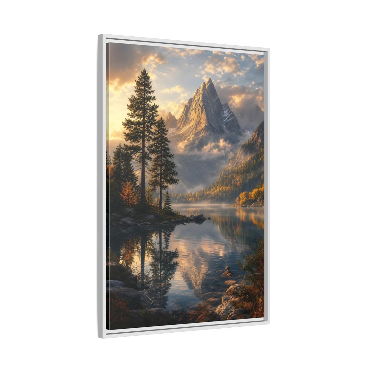 Side Mockup 9. Nature Mountain Lake Golden Mountain Lake shown as stretched canvas wall art