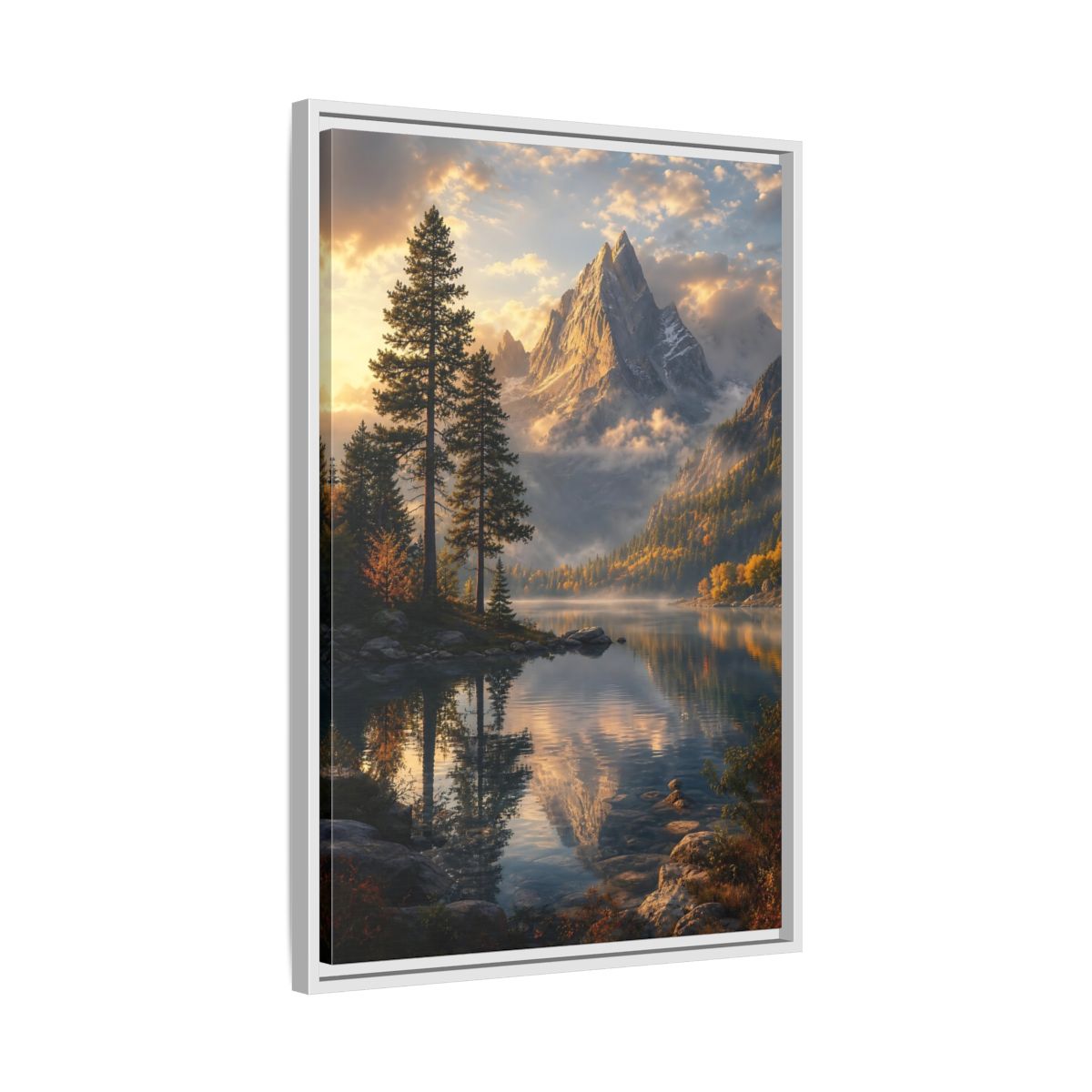 Side Mockup 10. Nature Mountain Lake Golden Mountain Lake shown as stretched canvas wall art