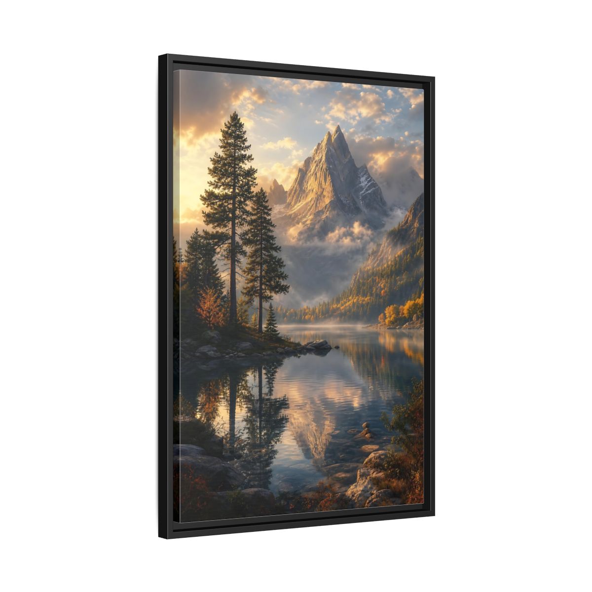 Side Mockup 14. Nature Mountain Lake Golden Mountain Lake shown as stretched canvas wall art