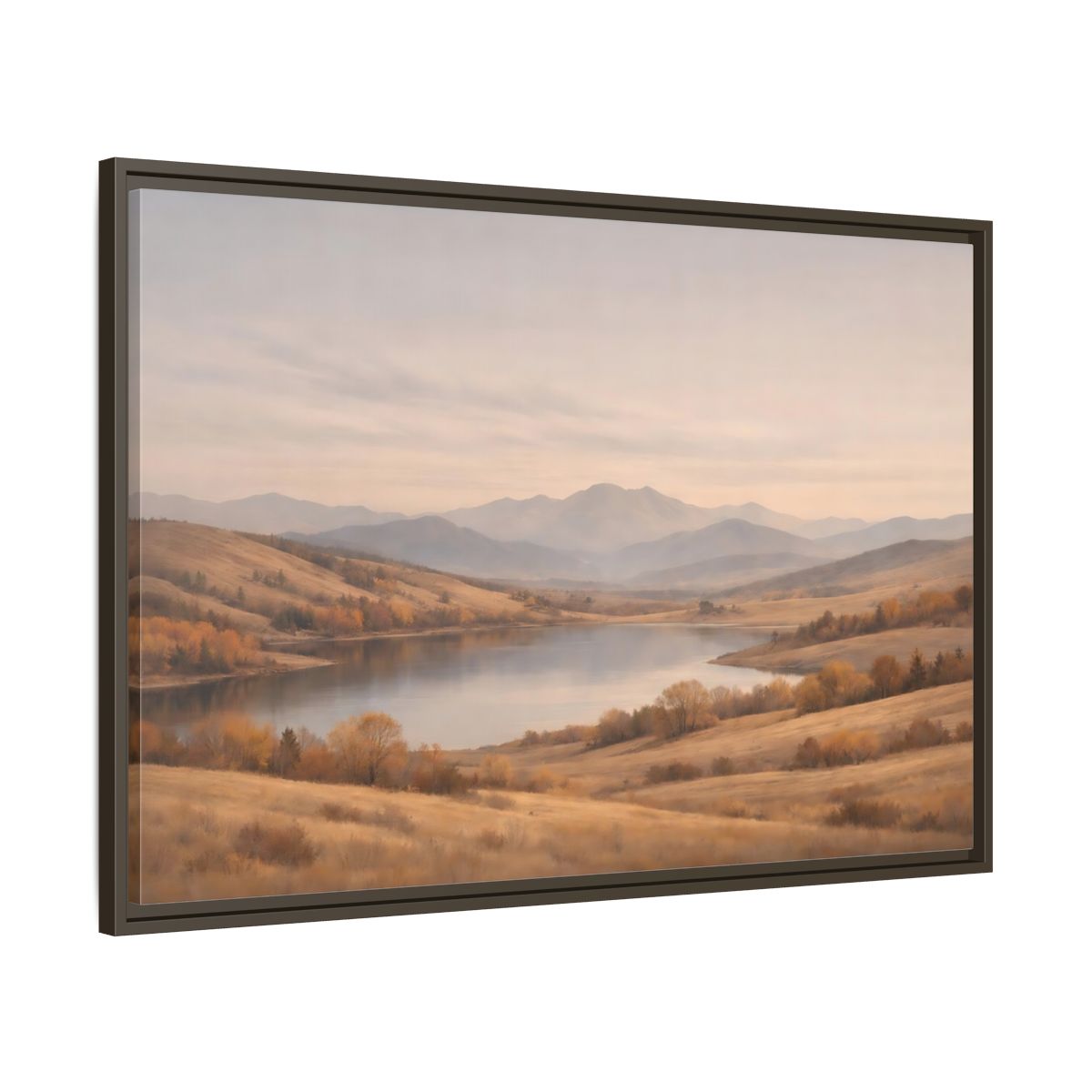 Main Mockup. Nature Mountain Lake Golden Hues shown as stretched canvas wall art
