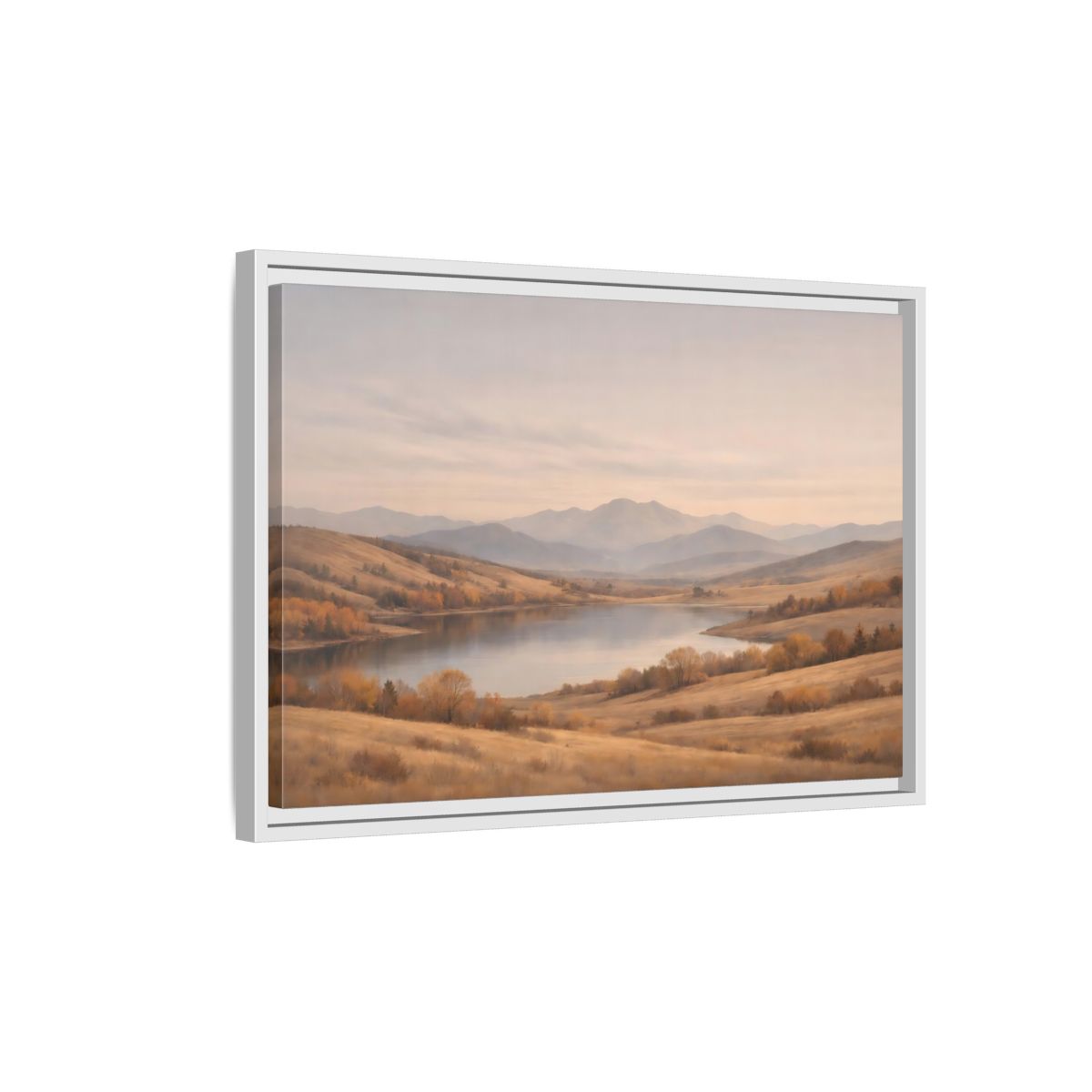 Side Mockup 1. Nature Mountain Lake Golden Hues shown as stretched canvas wall art