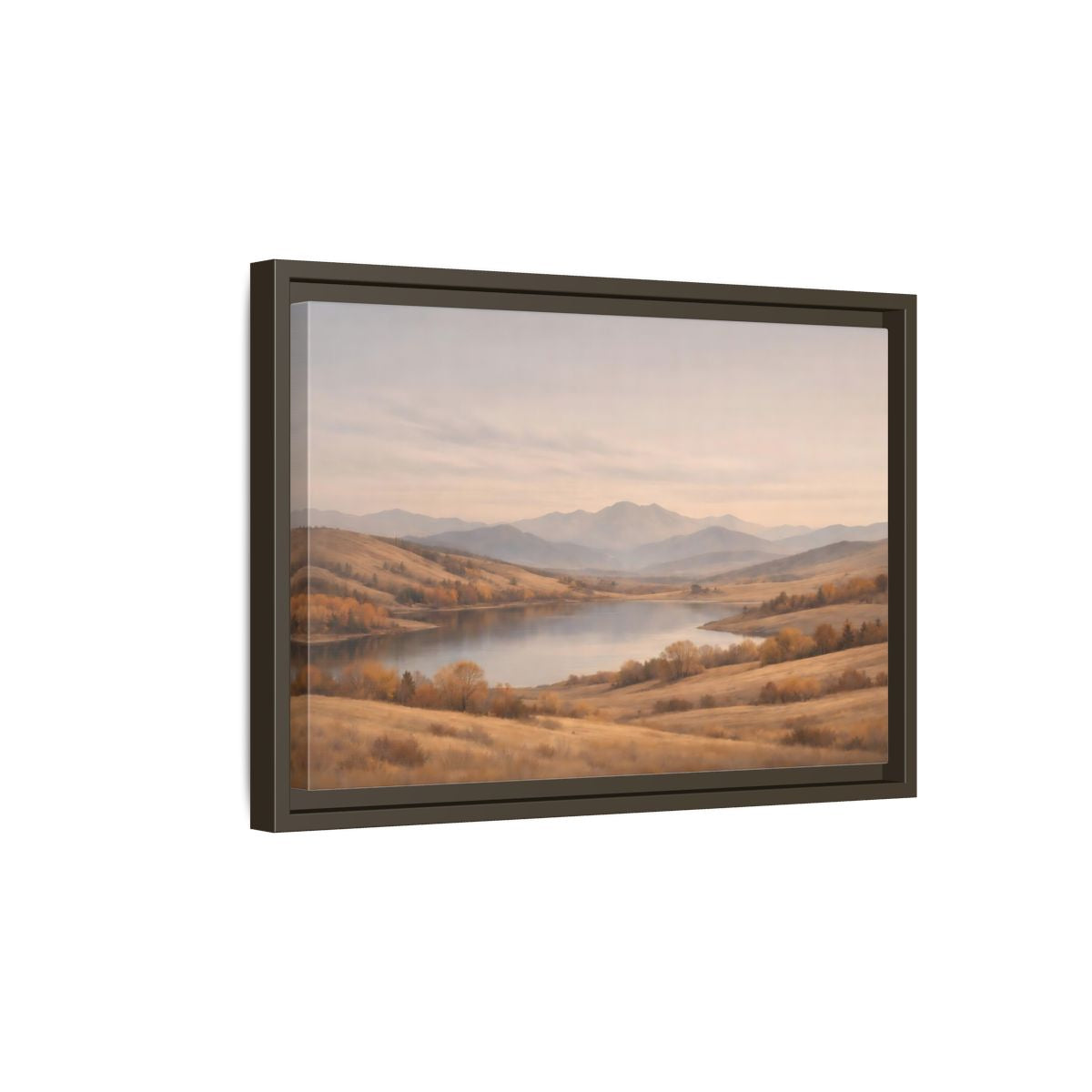 Side Mockup 5. Nature Mountain Lake Golden Hues shown as stretched canvas wall art