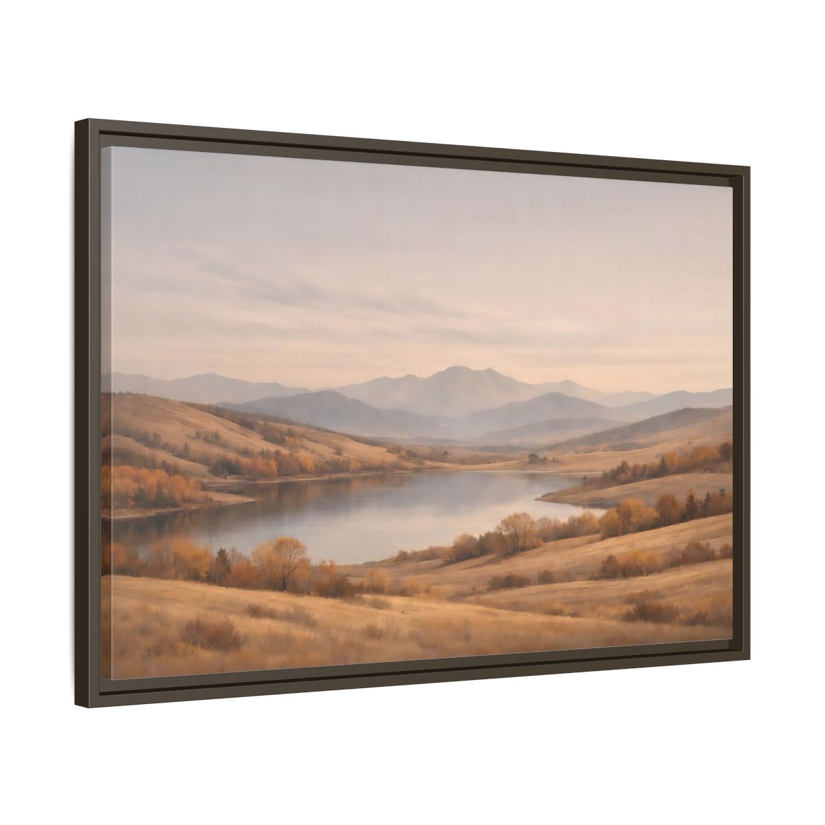 Side Mockup 11. Nature Mountain Lake Golden Hues shown as stretched canvas wall art