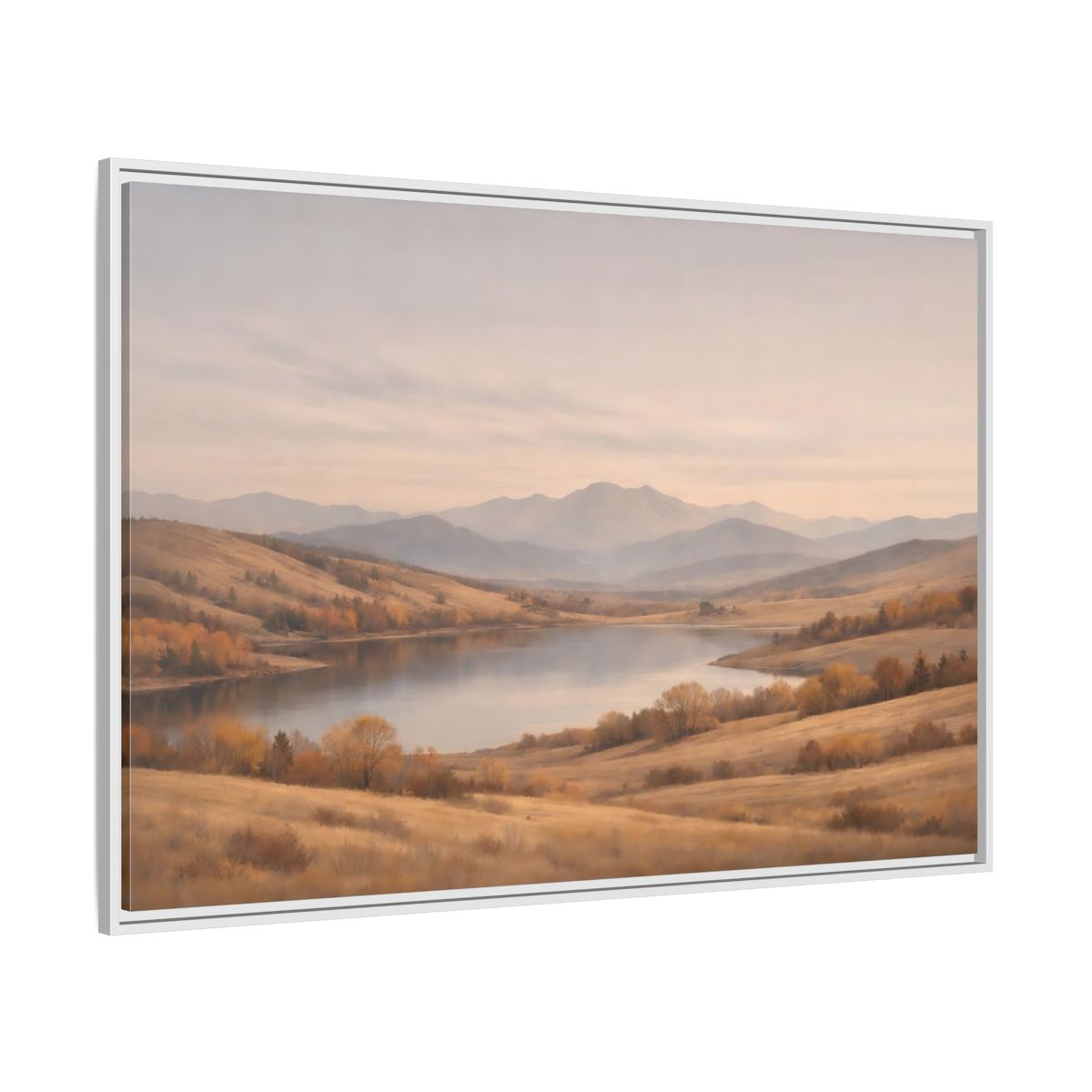Side Mockup 7. Nature Mountain Lake Golden Hues shown as stretched canvas wall art