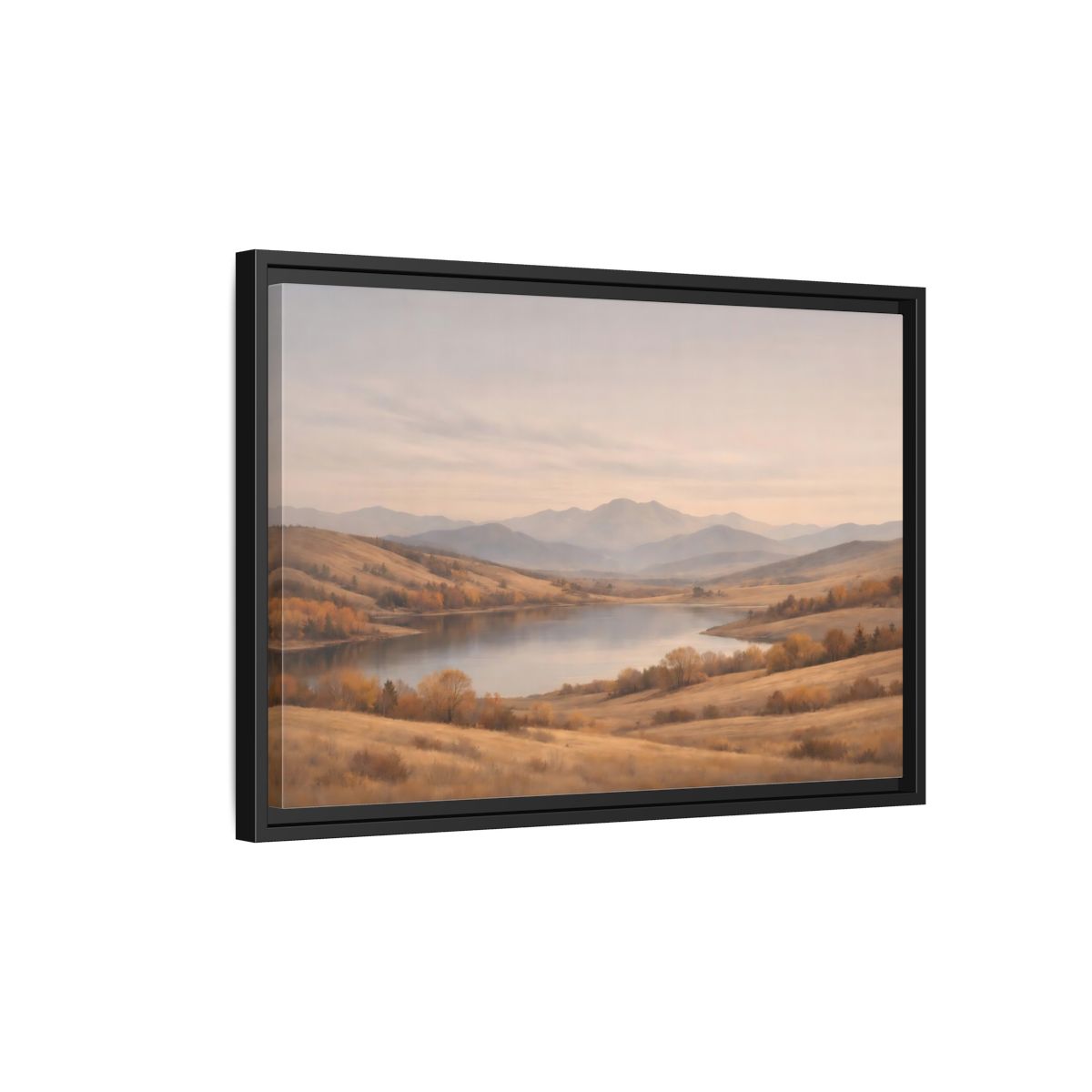 Side Mockup 3. Nature Mountain Lake Golden Hues shown as stretched canvas wall art