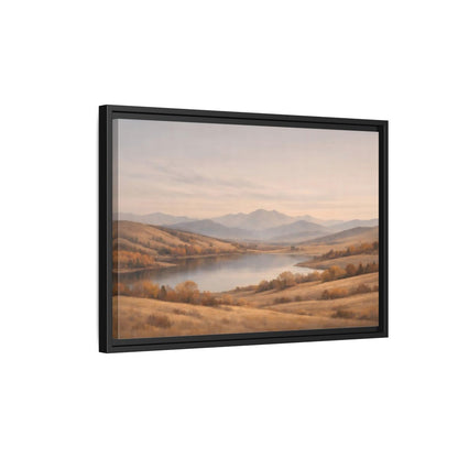 Side Mockup 3. Nature Mountain Lake Golden Hues shown as stretched canvas wall art