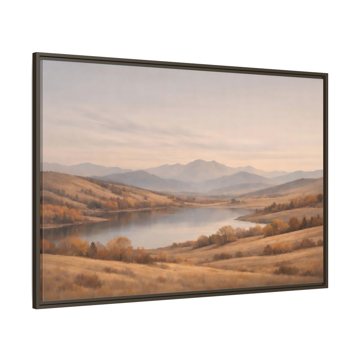 Side Mockup 8. Nature Mountain Lake Golden Hues shown as stretched canvas wall art