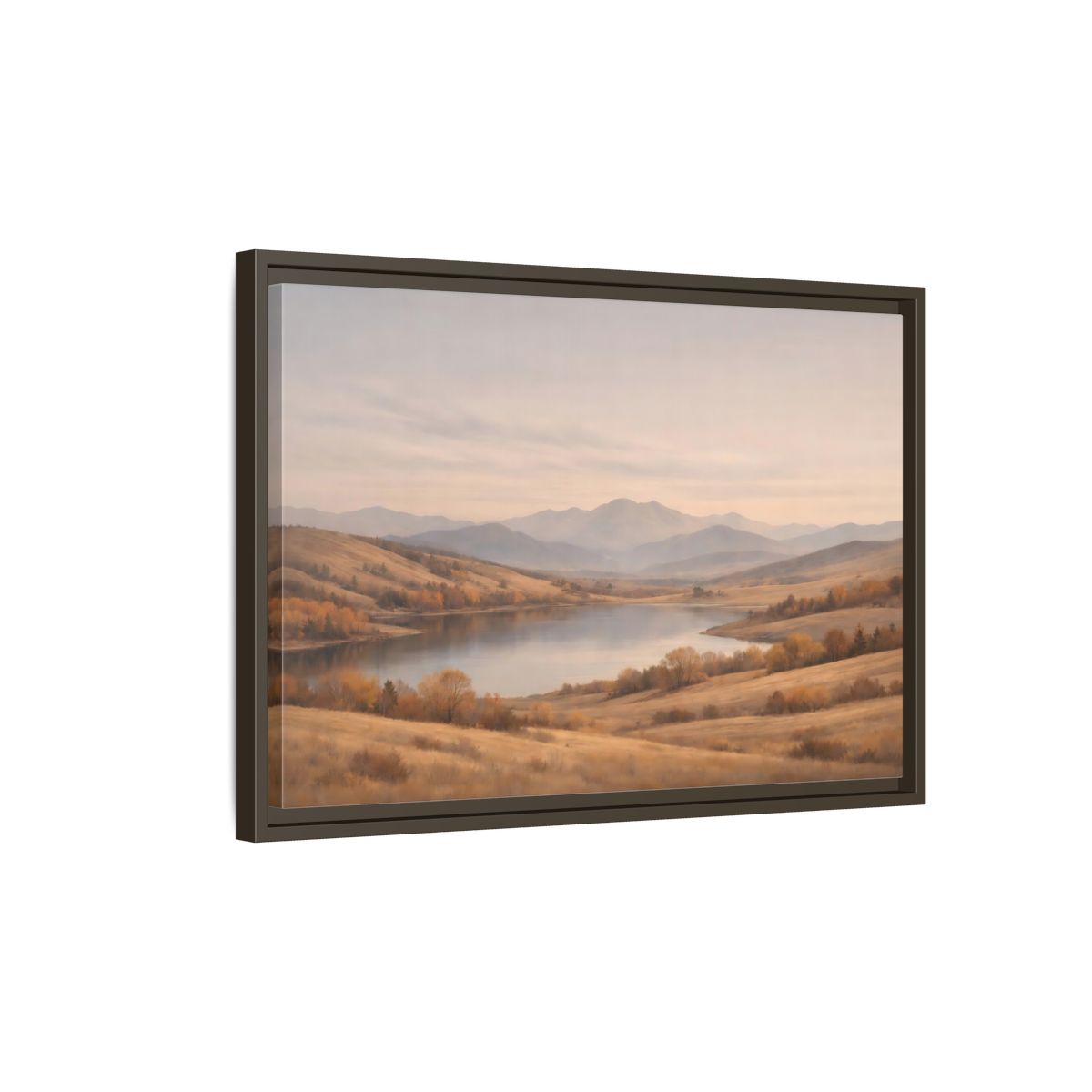 Side Mockup 2. Nature Mountain Lake Golden Hues shown as stretched canvas wall art