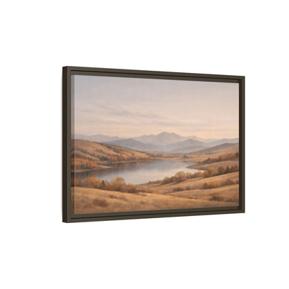Side Mockup 2. Nature Mountain Lake Golden Hues shown as stretched canvas wall art