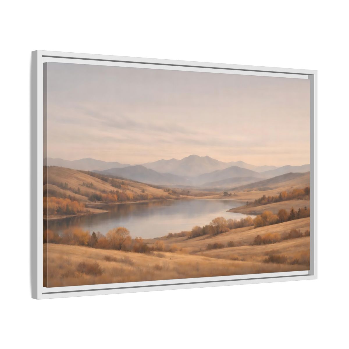 Side Mockup 10. Nature Mountain Lake Golden Hues shown as stretched canvas wall art