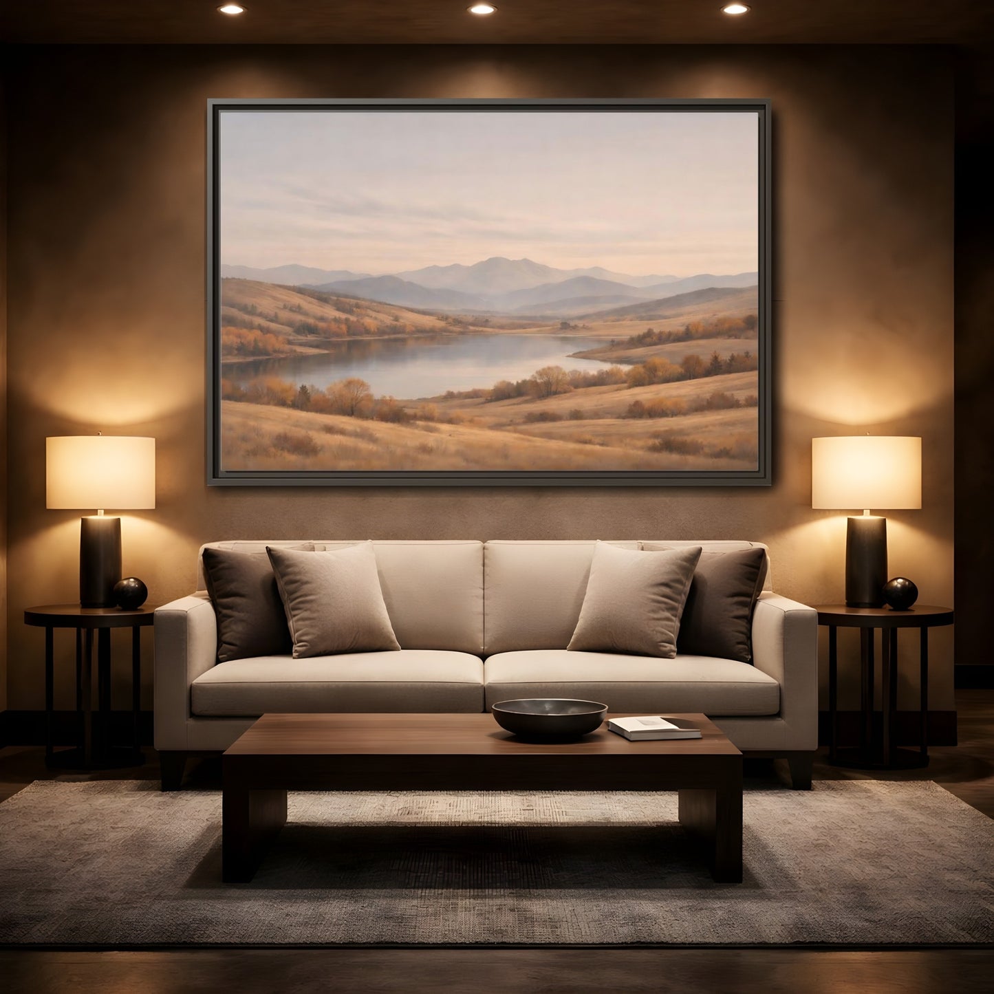 Mockup 2. Nature Mountain Lake Golden Hues shown as stretched canvas wall art