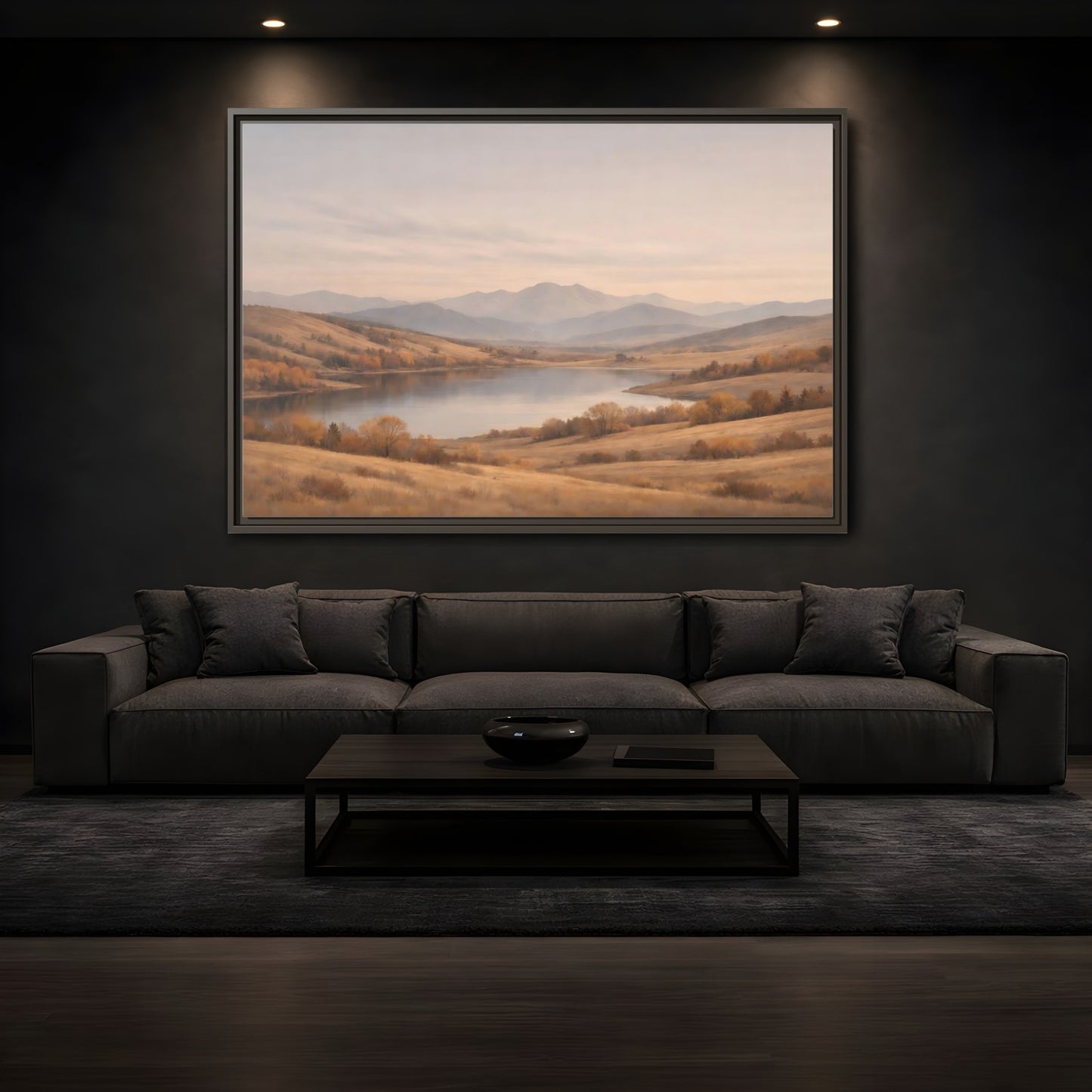 Mockup 3. Nature Mountain Lake Golden Hues shown as stretched canvas wall art